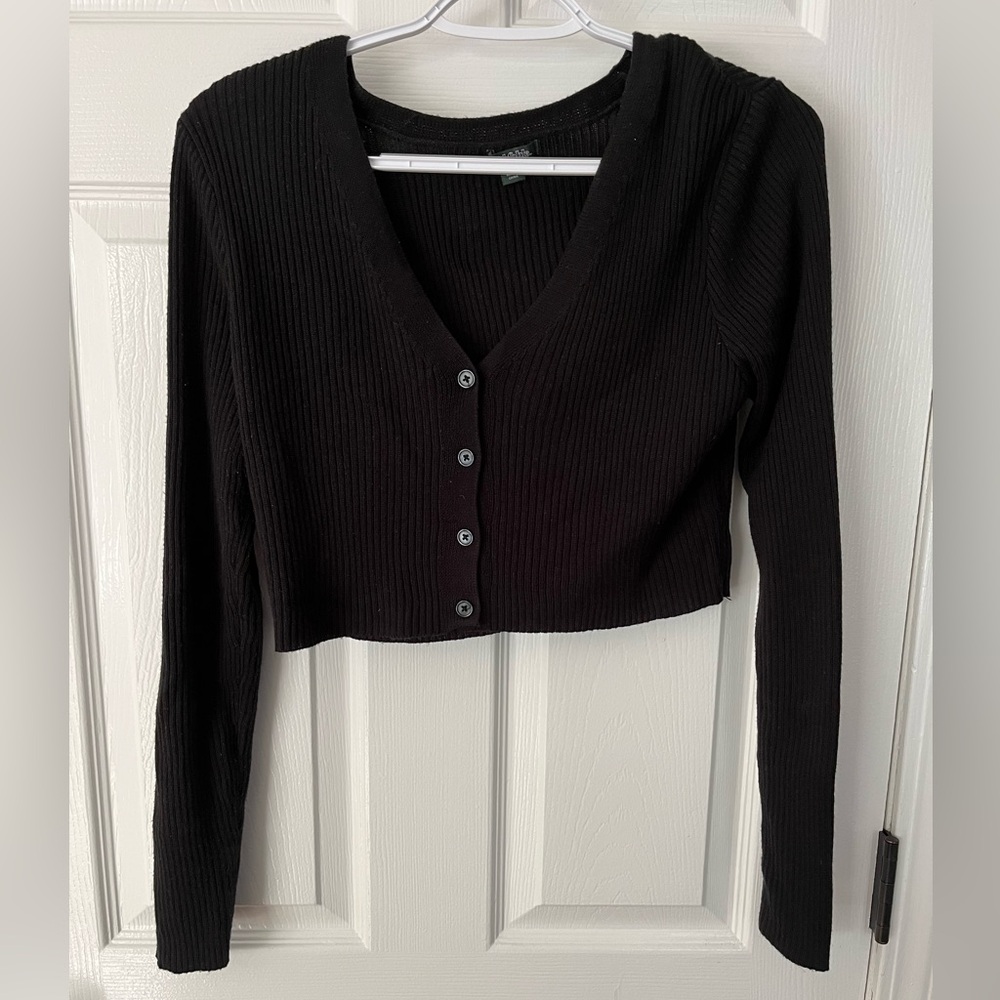 Black Ribbed Button-Up Cardigan